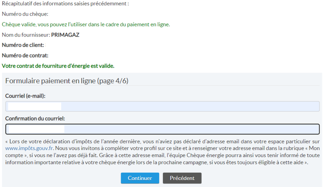 renseigner email cheque energie primagaz